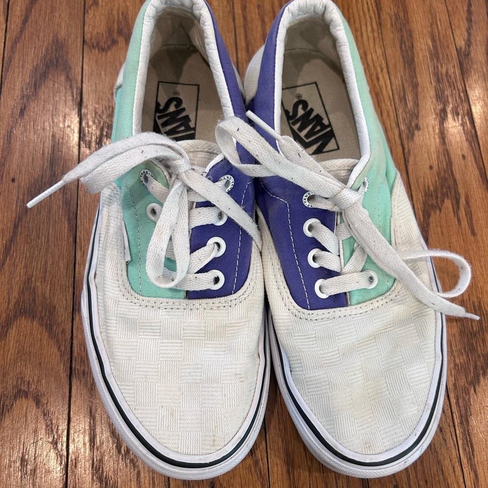 Vans Low-Top Lace-Up Sneakers in White with Mint & Purple Panels